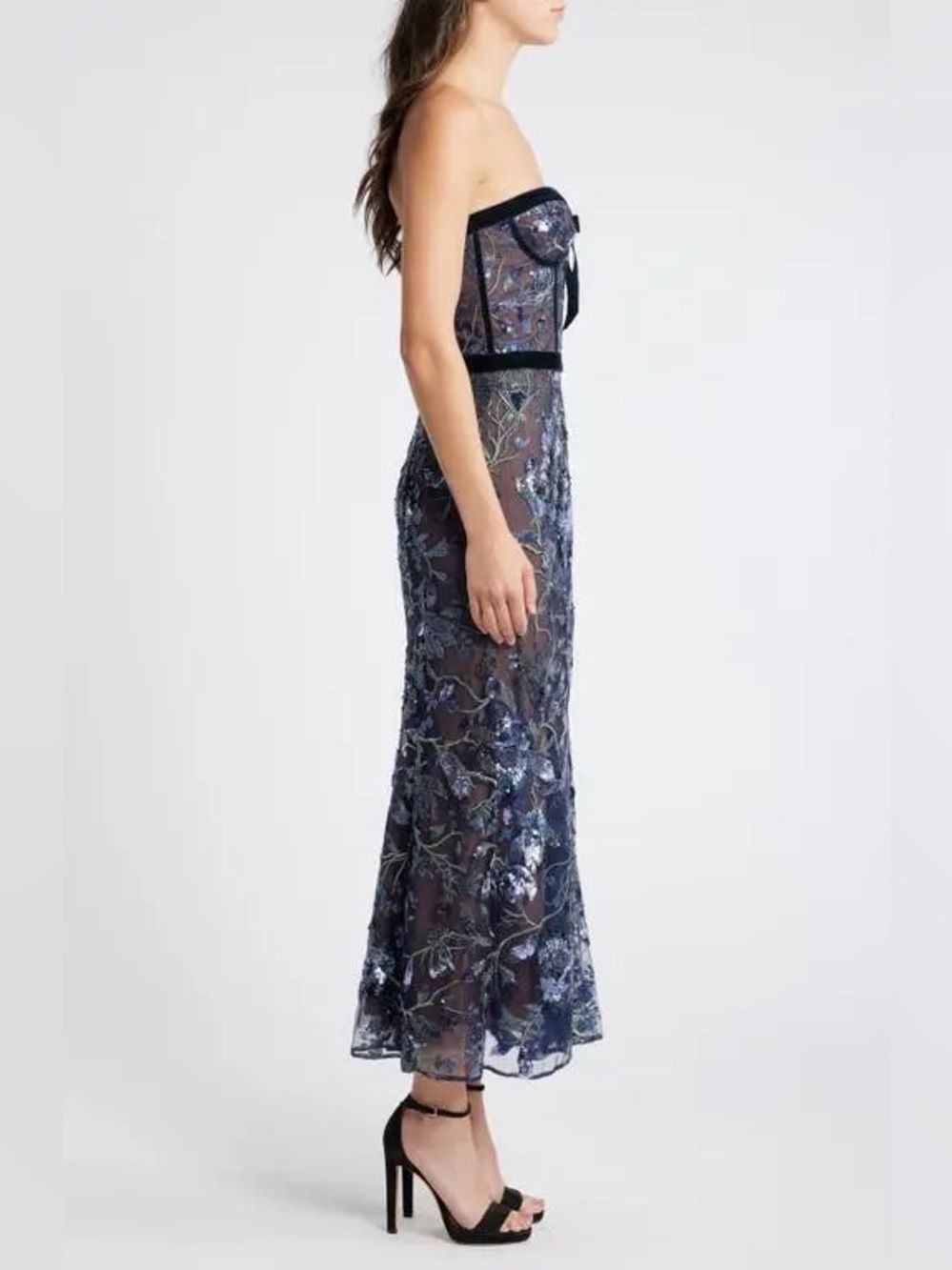 Marchesa Climbing Vines Midi Dress Crystal Ocean Strapless Sequin Embroidery - Picture 4 of 16